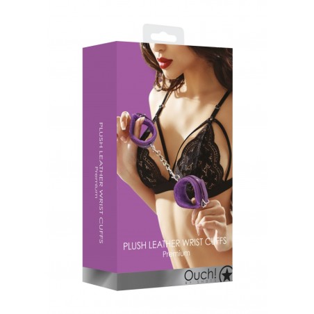 Ouch! Plush Leather Hand Cuffs - Purple