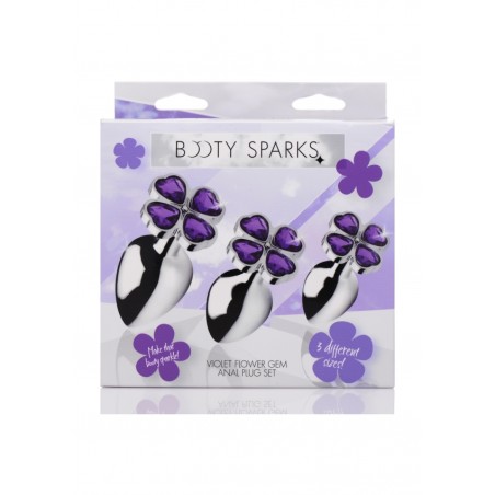 Violet Flower Gem Anal Plug Set - 3 pieces - Silver