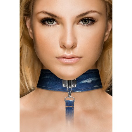 OUCH! | Denim Collar With Leash | Rough end Denim Style | Blue