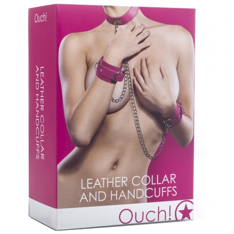 OUCH - Leather Collar and Handcuffs - Pink