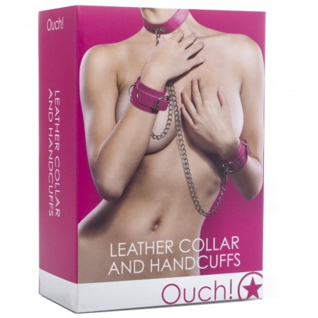 OUCH - Leather Collar and Handcuffs - Pink