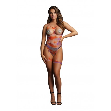 Open-cup Tie Dye strappy teddy & Dazzling Nipple Bling Sticker