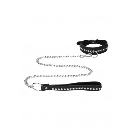 Diamond Studded Collar With Leash - Black