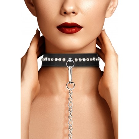 Diamond Studded Collar With Leash - Black