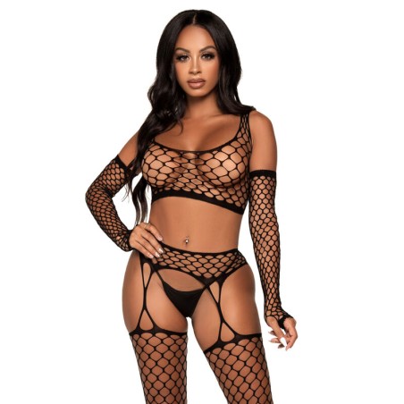 Leg Avenue, 3 Pieces, Set, Crop Top, Stockings, and, Gloves, Black, Lingerie