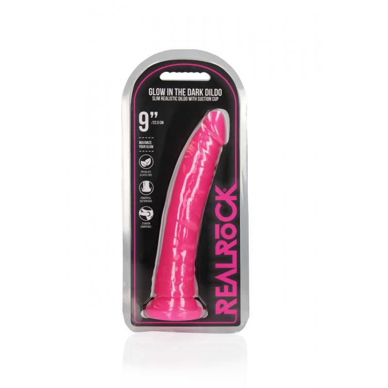 Slim, Realistic, Dildo, with Suction, Cup, Glow in the Dark, 22,5cm, Pink