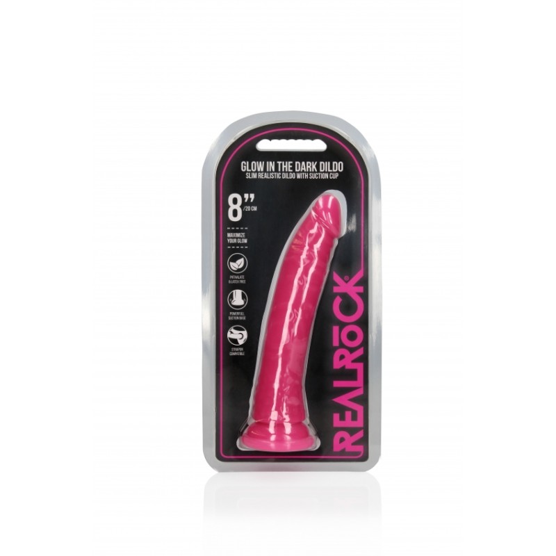 Slim, Realistic, Dildo, with Suction, Cup, Glow in the Dark, 20cm, Pink