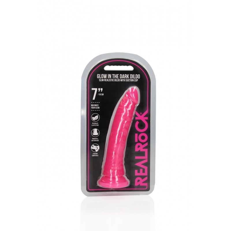 Slim, Realistic, Dildo, with Suction, Cup, Glow in the Dark, 18cm, Pink