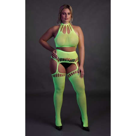 OUCH! | Glow In The Dark | Crop Top & Stockings | Green | Μέγεθος: XL/4XL