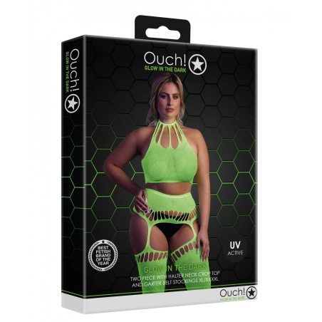 OUCH! | Glow In The Dark | Crop Top & Stockings | Green | Μέγεθος: XL/4XL