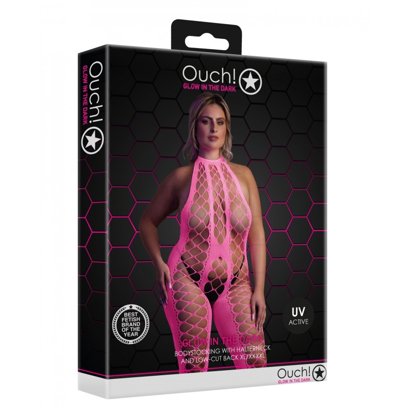 OUCH! | Glow in the Dark | Bodystocking with Halterneck | Pink | Μέγεθος: XL/4XL