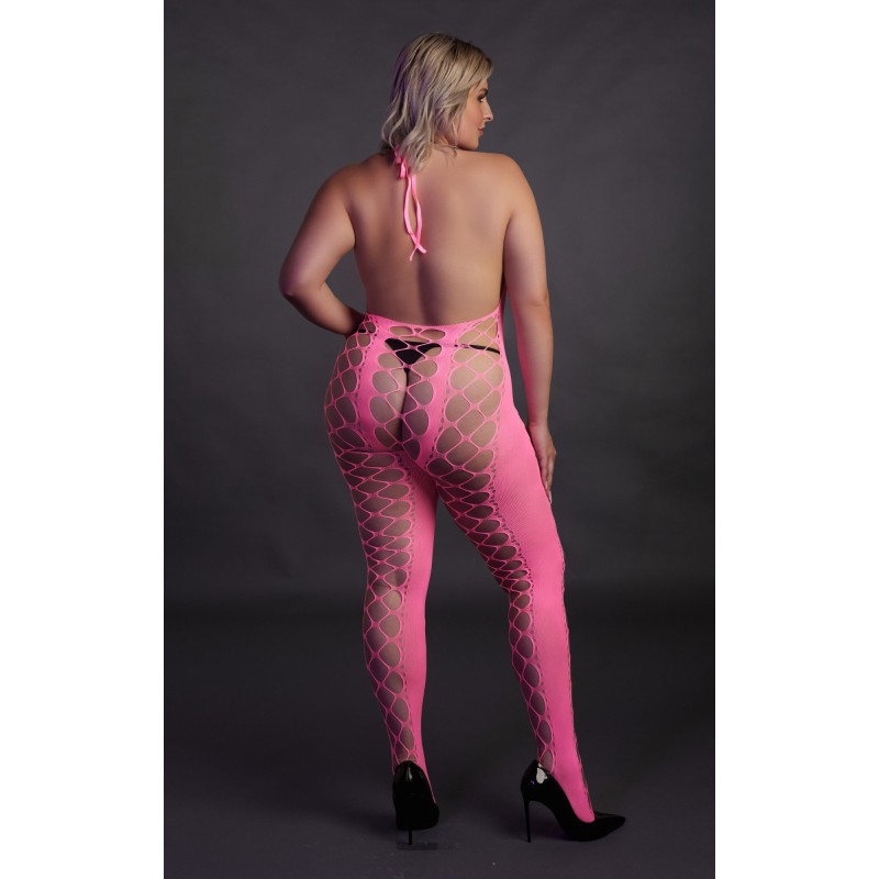 OUCH! | Glow in the Dark | Bodystocking with Halterneck | Pink | Μέγεθος: XL/4XL