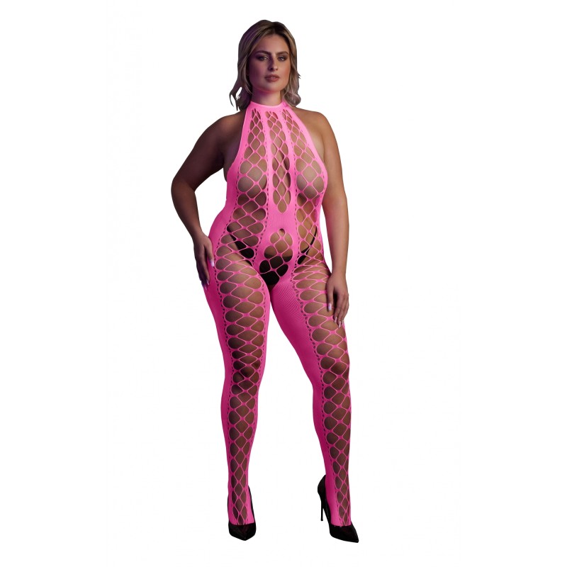 OUCH! | Glow in the Dark | Bodystocking with Halterneck | Pink | Μέγεθος: XL/4XL