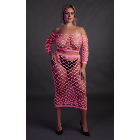 OUCH! | Glow in the Dark | Long Sleeve Crop Top and Long Skirt | Pink | Μέγεθος: XL/4XL