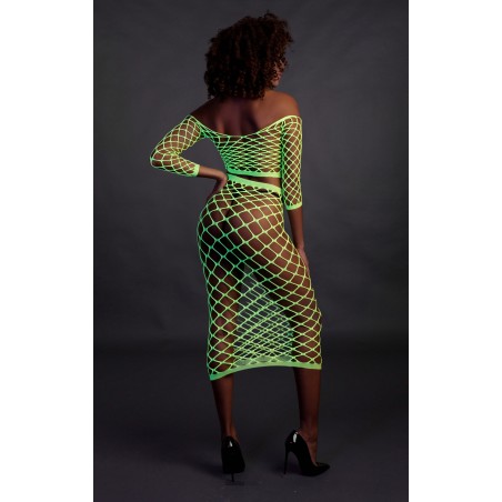 OUCH! | Glow in the Dark | Long Sleeve Crop Top and Long Skirt | Green | Μέγεθος: XS/XL