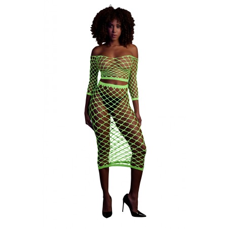 OUCH! | Glow in the Dark | Long Sleeve Crop Top and Long Skirt | Green | Μέγεθος: XS/XL