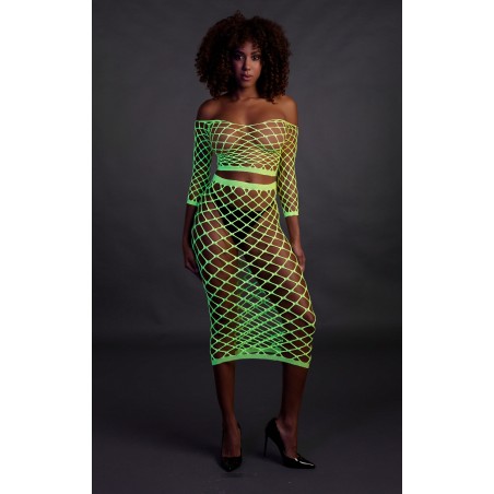 OUCH! | Glow in the Dark | Long Sleeve Crop Top and Long Skirt | Green | Μέγεθος: XS/XL