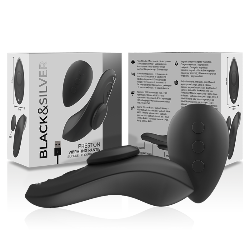 BLACK&SILVER, PRESTON, Rechargeable, Pantie, Silicone, Vibrator, Black