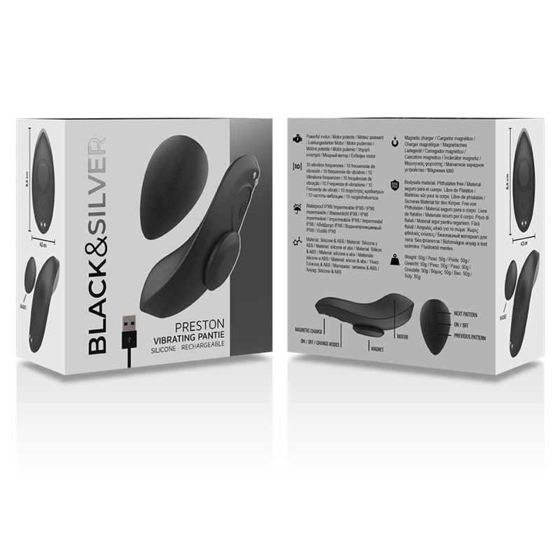 BLACK&SILVER, PRESTON, Rechargeable, Pantie, Silicone, Vibrator, Black