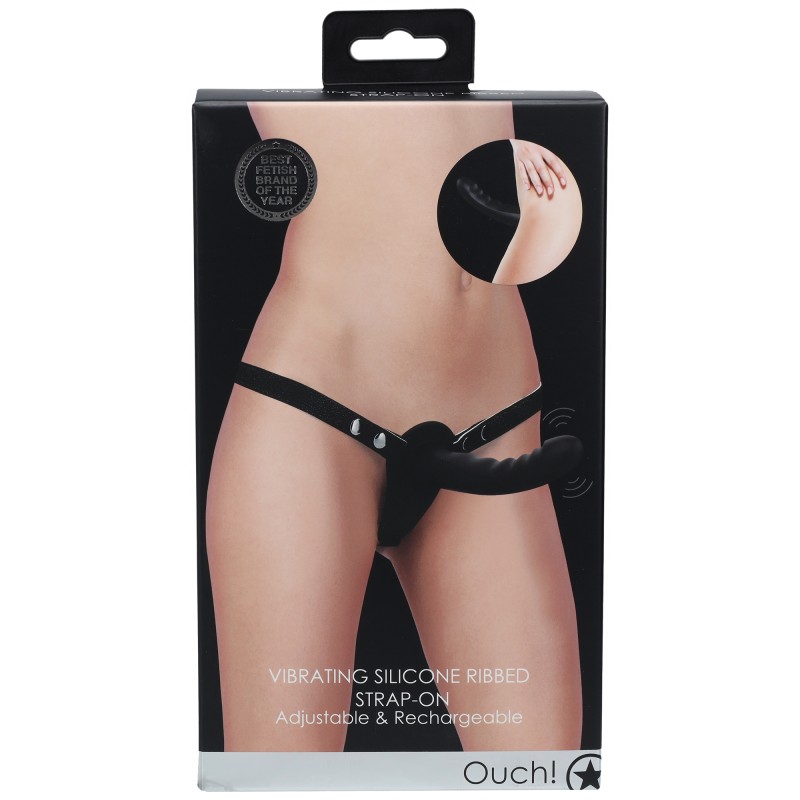 Ouch!, Vibrating, Rechrgeable, 10 Speed, Silicone, Ribbed, Strap-On, Adjustable, Black