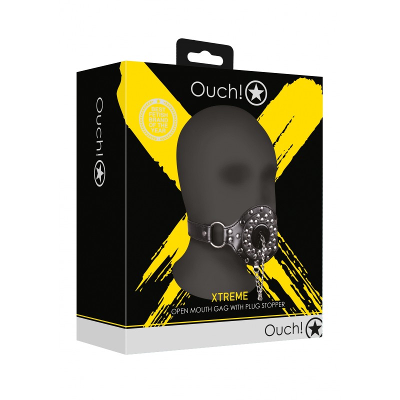 OUCH!, Open Mouth Gag, with Plug Stopper, Black