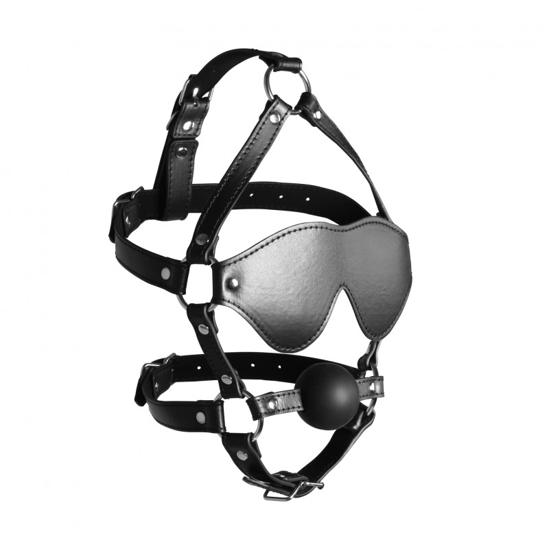 OUCH!, Blindfolded, Head Harness, with Solid Ball Gag, Black