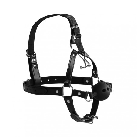 OUCH!, Head Harness, with Breathable Ball Gag, and Nose Hooks, Black