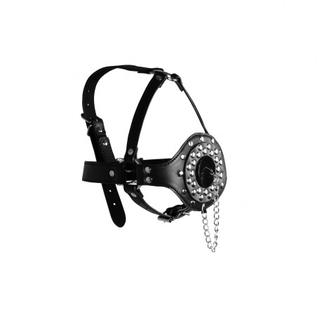 OUCH!, Open Mouth Gag, Head Harness, with Plug Stopper, Black