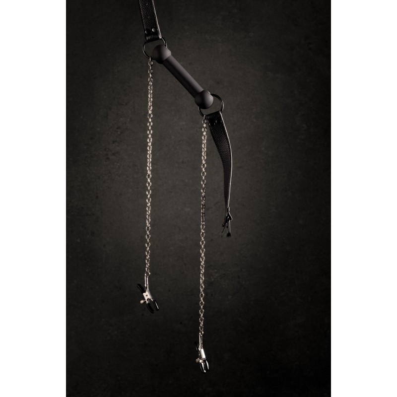 OUCH!, Silicone Bit Gag, with Nipple Clamps, Black