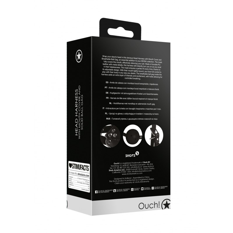 OUCH!, Head Harness, with Mouth Cover, and Breathable Ball Gag, Black