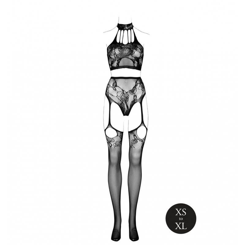 LE DÉSIR, Two Piece, with Halter, Turtleneck, and Pantie, with Attached Stockings, Black