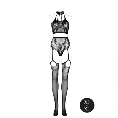 LE DÉSIR, Two Piece, with Halter, Turtleneck, and Pantie, with Attached Stockings, Black