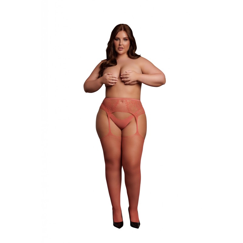 LE DÉSIR | Fishnet and Lace Garter belt Stockings | Sunset Glow | Size: XL/4XL