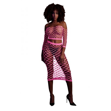 OUCH! | Glow in the Dark | Long Sleeve Crop Top and Long Skirt | Pink | Μέγεθος: XS/XL