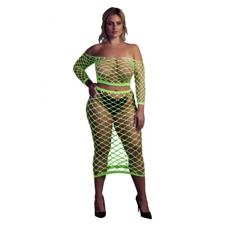 OUCH! | Glow in the Dark | Long Sleeve Crop Top and Long Skirt | Green | Μέγεθος: XL/4XL