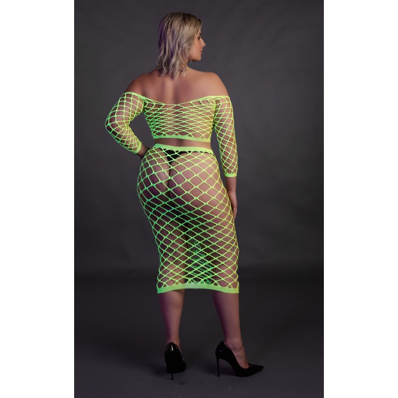 OUCH! | Glow in the Dark | Long Sleeve Crop Top and Long Skirt | Green | Μέγεθος: XL/4XL
