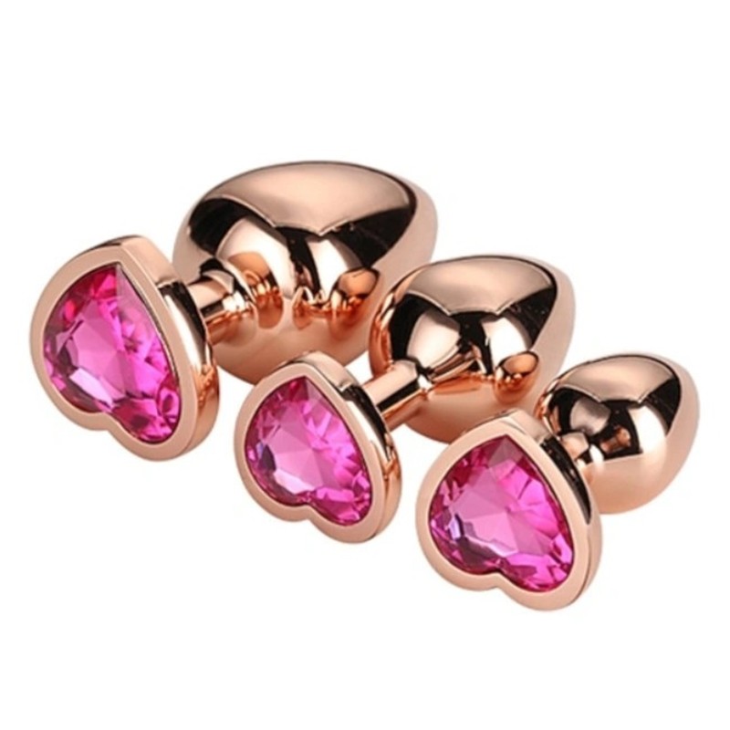 Metal Anal Plugs Set with Pink Heart Gem | 3pcs