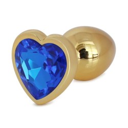 Metal Anal Plug with Blue Heart Gem | Gold - Large