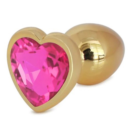 Metal Anal Plug with Pink Heart Gem | Gold - Large