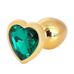 Metal Anal Plug with Green Heart Gem | Gold - Medium