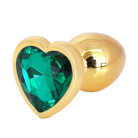 Metal Anal Plug with Green Heart Gem | Gold - Medium