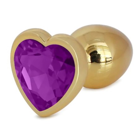 Metal Anal Plug with Purple Heart Gem | Gold - Medium