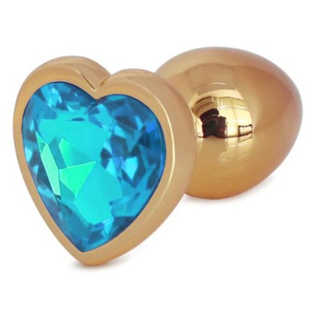 Metal Anal Plug with Light Blue Heart Gem | Gold - Small