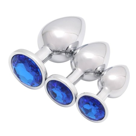 Metal Anal Plugs Set with Blue Gem - 3pcs