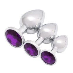 Metal Anal Plugs Set with Purple Gem - 3pcs