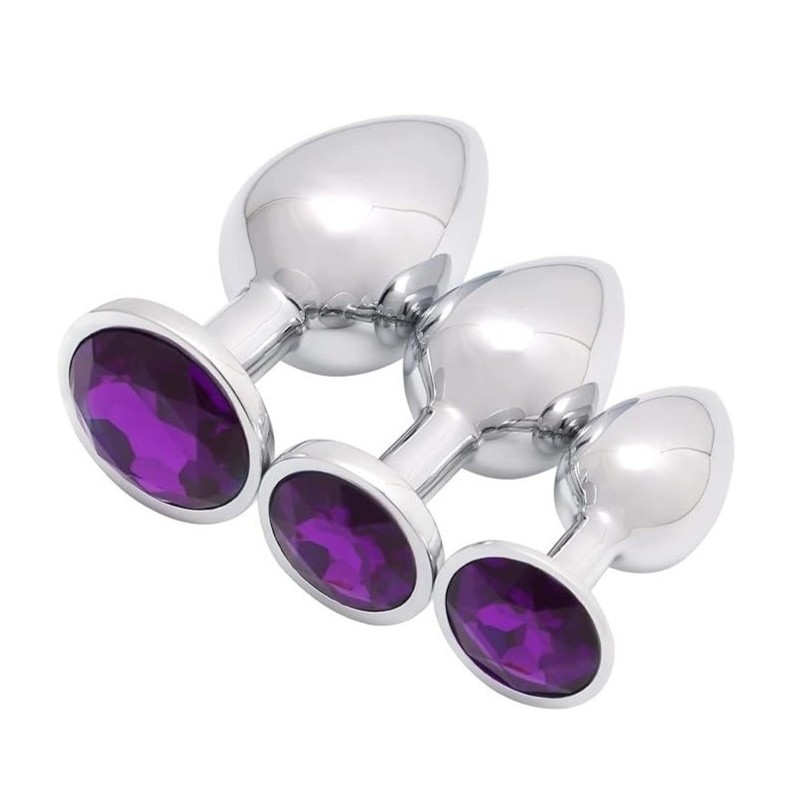 Metal Anal Plugs Set with Purple Gem - 3pcs