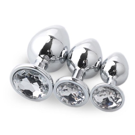 Metal Anal Plugs Set with White Transparent Gem - 3pcs