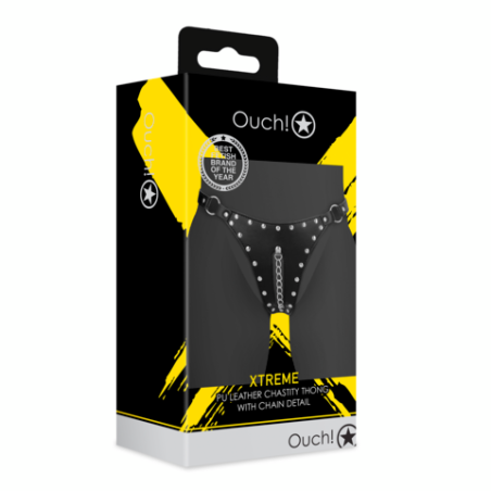PU Leather Chastity Thong with Chain Detail - Black