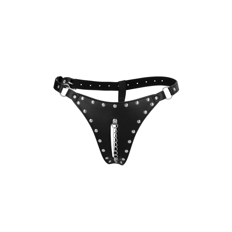 PU Leather Chastity Thong with Chain Detail - Black