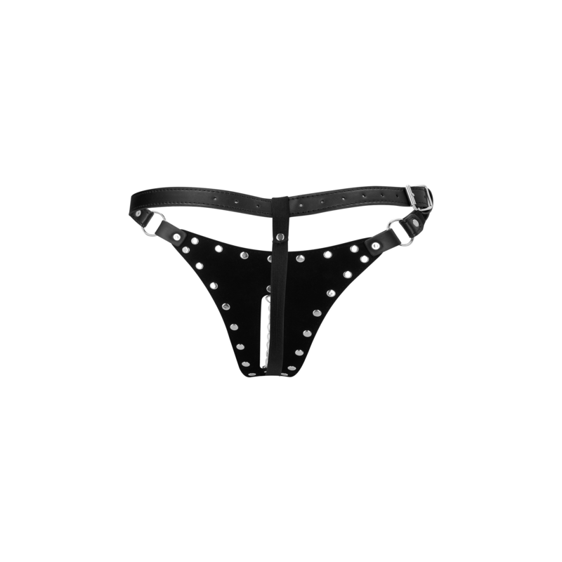 PU Leather Chastity Thong with Chain Detail - Black